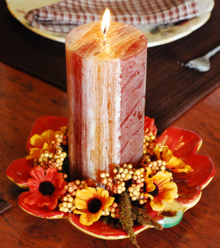 Brown Pillar Candle Centerpiece - Thanksgiving Table Decorating