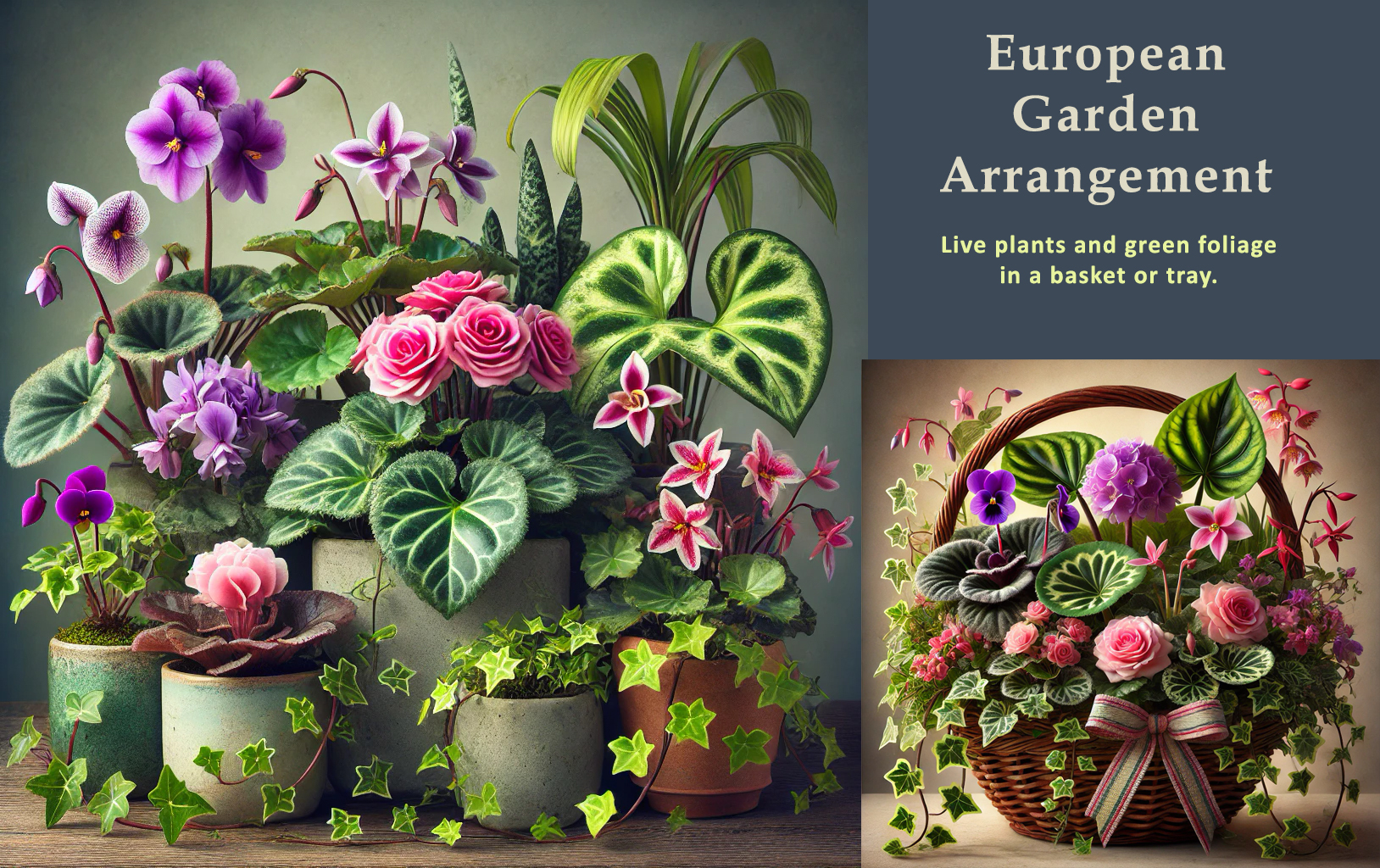 European garden arrangement - Gift live potted plants in a basket or a tray