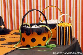 Felt-covered baskets filled with candies and party favors are sure to please all ghosts or goblins of any age.