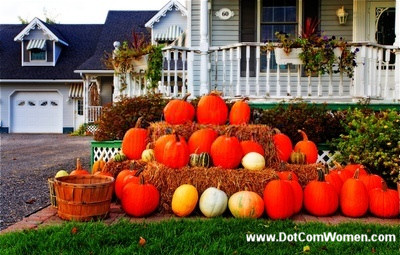 Pumpkins displayed on a hay stack for Fall or Thanksgiving decoration