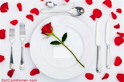Valentine's Day Table Decoration and Place Setting with Roses and Rose Petals