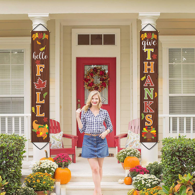 'Hello Fall' and 'Give Thanks' Banners for Outdoor Thanksgiving Decoration