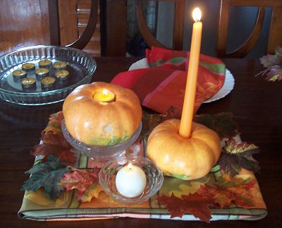 Tiered Pumpkin and Candles Centerpiece