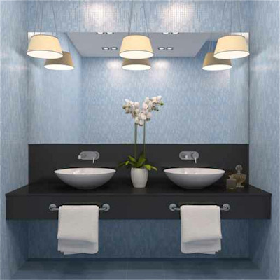 Blue Bathroom Vanity with His and Hers Sinks and Large Mirror