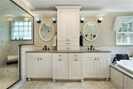 White Bathroom Vanity with His and Hers Sinks and Built-in Furniture