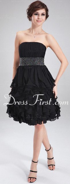 Black Vertical Ruffle Dress with Beaded Waist