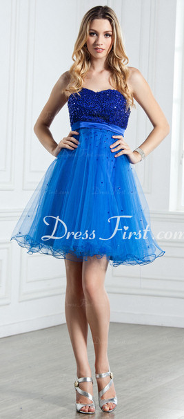 Blue Short Homecoming Dress with Tulle Skirt, Sequined Bust and Empire Waist