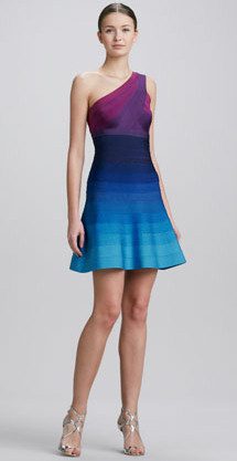 Herve Leger One-Shoulder Ombre Fit-and-Flare Bandage Dress