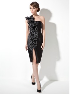 One Shoulder Slit-front Black Cocktail Dress with Flowers