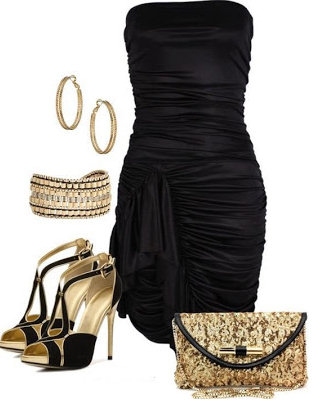 Style black dress with gold accessories
