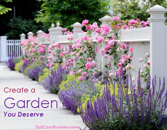 beautiful garden fence with roses and lavender