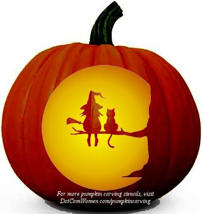 Witch and Cat Sitting on a Tree - Halloween Pumpkin Carving Stencil
