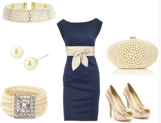 Classy, Feminine look with Blue, Dull Gold and Pearls