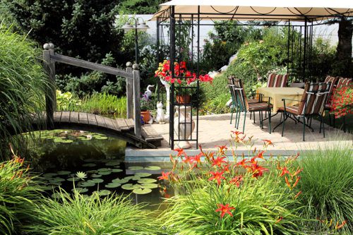 Seating placed around a Garden Pond