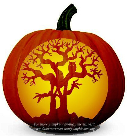 ghost tree with owl pumpkin carving pattern