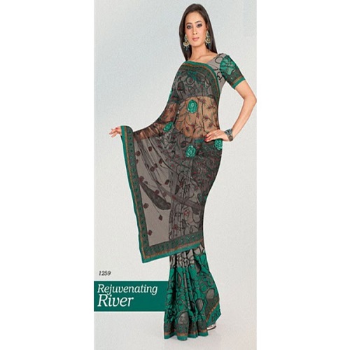 Grey and Sea Green Saree with Blouse Fabric