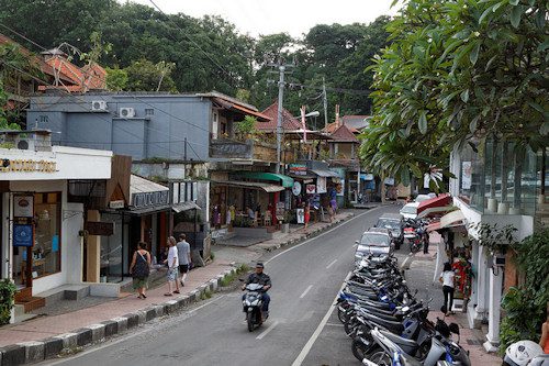 Shops line the Monkey Forest Road Bali