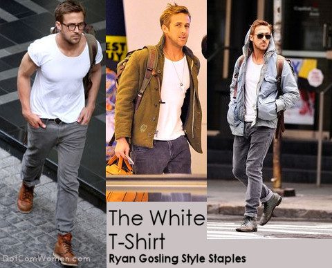 Ryan Gosling pairs the Classic White T-shirt with Gray Pants