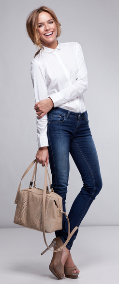 white shirt with jeans and nude bag and shoes