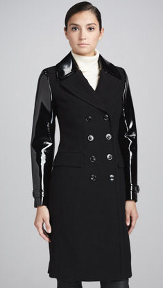 Military coat with glossy patent leather sleeves and details by Burberry London