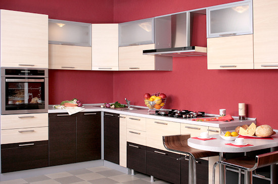 red and wood kitchen design