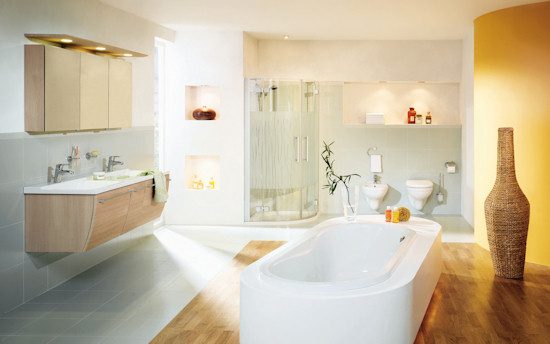 white and yellow brightly lit bathroom