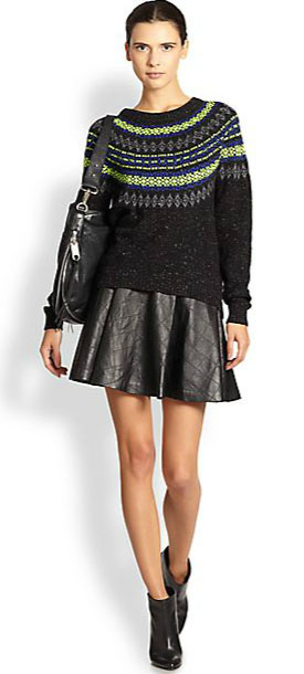 Outfit Inspiration - Fit and flare Quilted skirt with fair aisle sweater and ankle boots