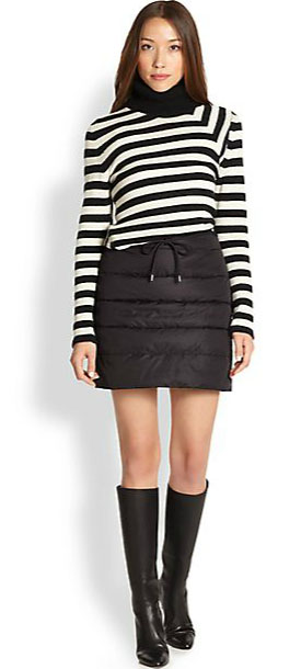 Outfit Inspiration - puffer skirt with turtle neck, striped pullover and knee-high boots