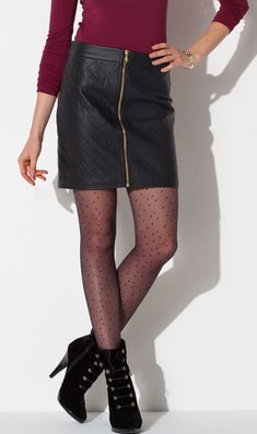 Outfit Inspiration - Quilted front zip skirt, burgundy top, booties and sheer stockings