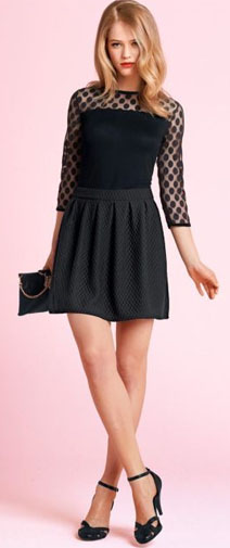 Party Outfit Inspiration - quilted skirt, bi-material top, black clutch and heels