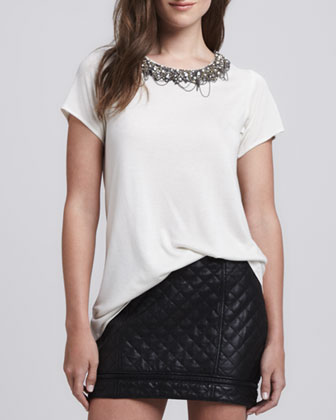 Outfit Inspiration - Quilted zipper skirt with white, embelished neck t-shirt