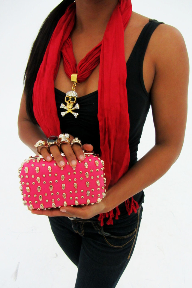 Hot Pink skull clutch, skull rings and pendant scarf