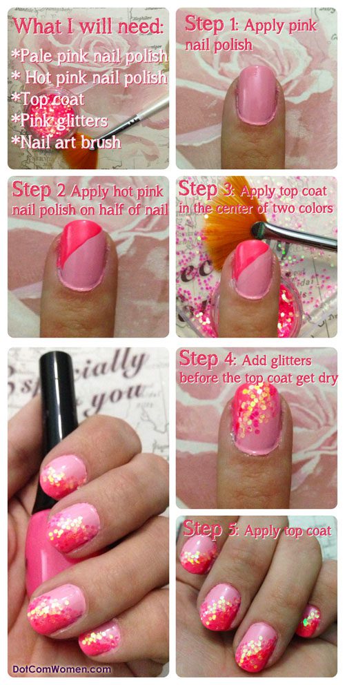 Glittery Pink Nail Art Tutorial - Dot Com Women Glittery Pink Nail Art Tutorial - Dot Com Women