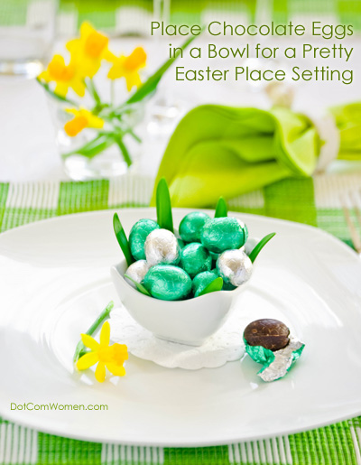 Easter Place Setting in Green, with Daffodils and Foil Covered Chocolate Eggs