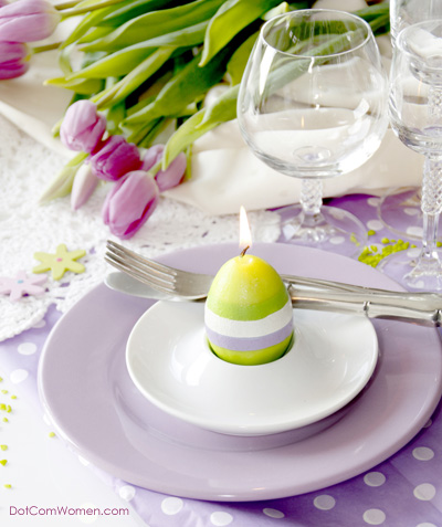 Easter Table Setting in Pastel Purple color with Egg Shaped Candles