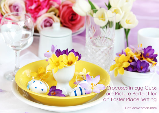 Easter Table Setting in Yellow and Purple with Crocuses