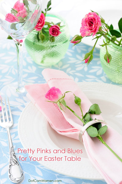 Easter Table Setting in Pink and Blue, with Roses