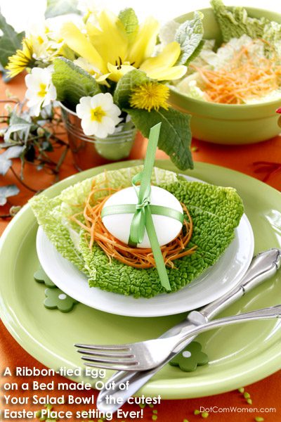 Easter place setting in green, with the egg nestled in a nest over a bed of salad leaves