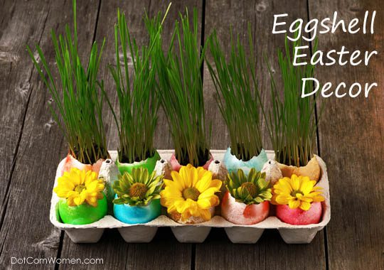 Easter Centerpiece Idea - Flowers and Grass in Colored eggshells