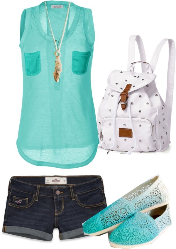 Aqua Summer Outfit with denim shorts, white backpack and ombre shoes