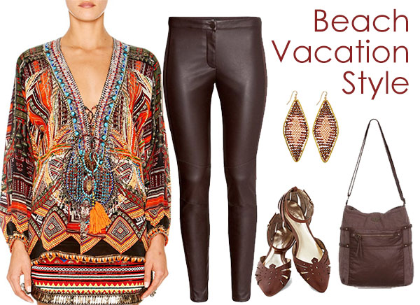 Beach Vacation Boho Outfit with Embellished Kaftan Top and Leather Leggings