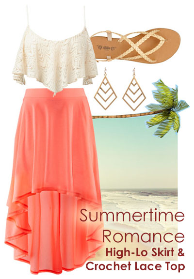 Summer/beach vacation outfit with high low skirt and crochet top