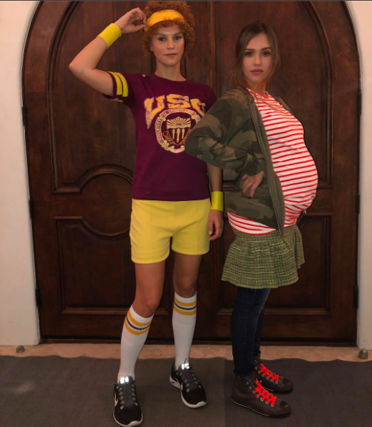 Jessica Alba and Kelly Sawyer went for couple Halloween costume of teenage couple Paulie Bleeker (Michael Cera) and Juno MacGuff (Ellen Page)