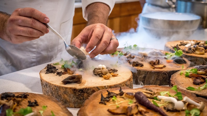 Food plating on wooden boards