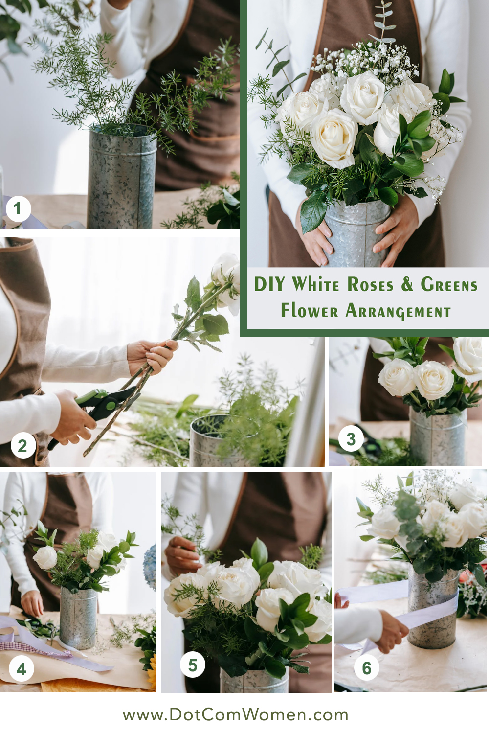 DIY White Roses & Greens Flower Arrangement