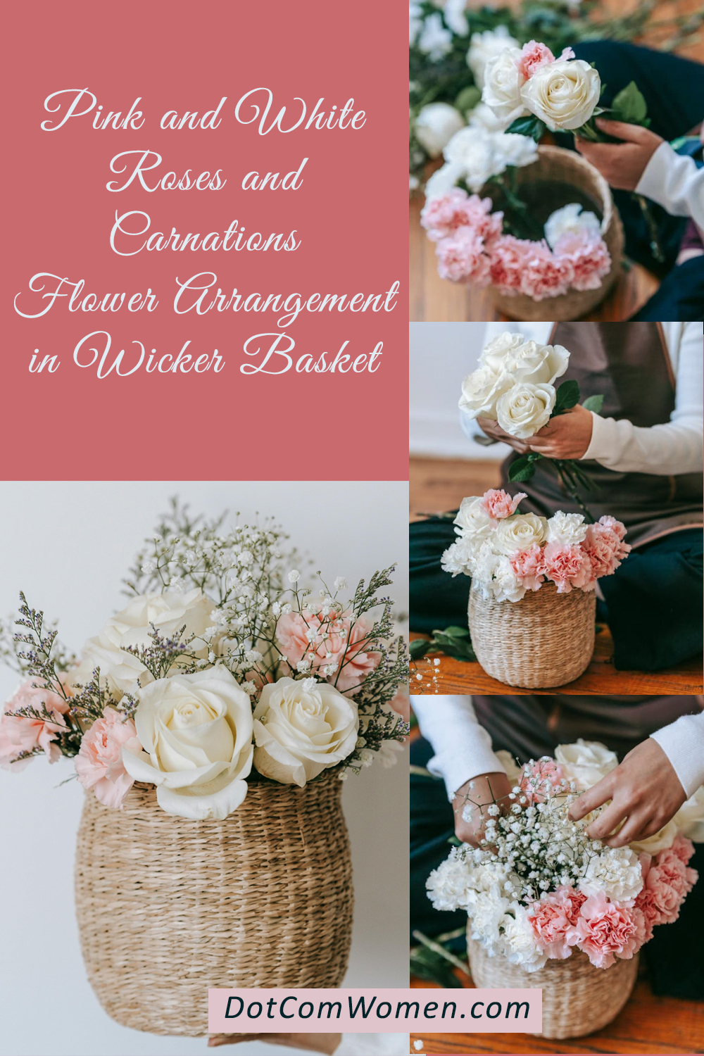 Pink and White Roses and Carnations Flower Arrangement in Wicker Basket