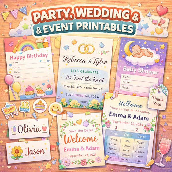 Party, wedding & event printables
